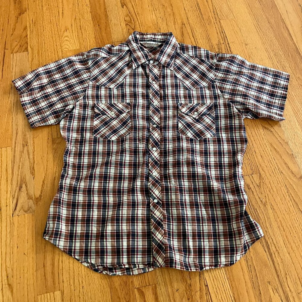 Vintage Sears Western Wear Pearl Snap Shirt Mens Size Large Plaid Cowboy Rodeo